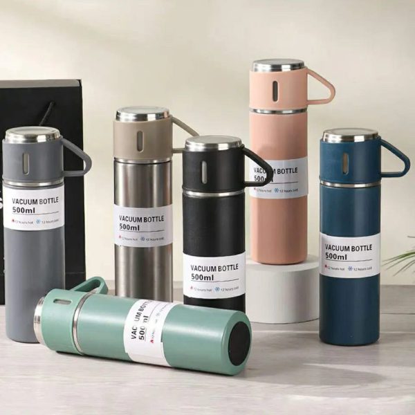 Stainless Steel Vacuum Flask Set – 500ml With 3 Cups (Gift Box )