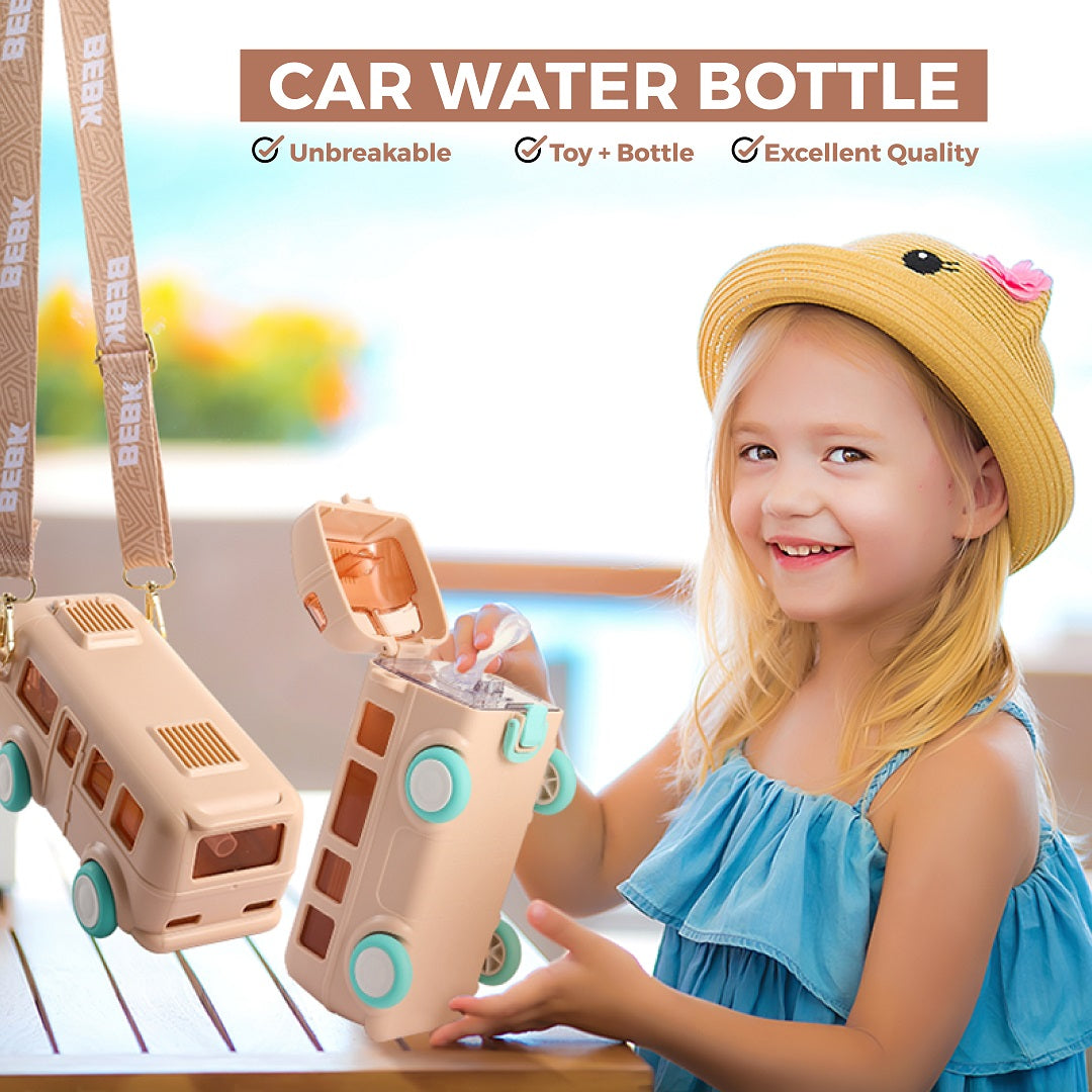 Trendy Kids bus Plastic Water Bottle With Strap & Straw, 500ml Capacity, Assorted Colors