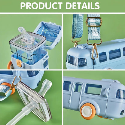 Trendy Kids bus Plastic Water Bottle With Strap & Straw, 500ml Capacity, Assorted Colors