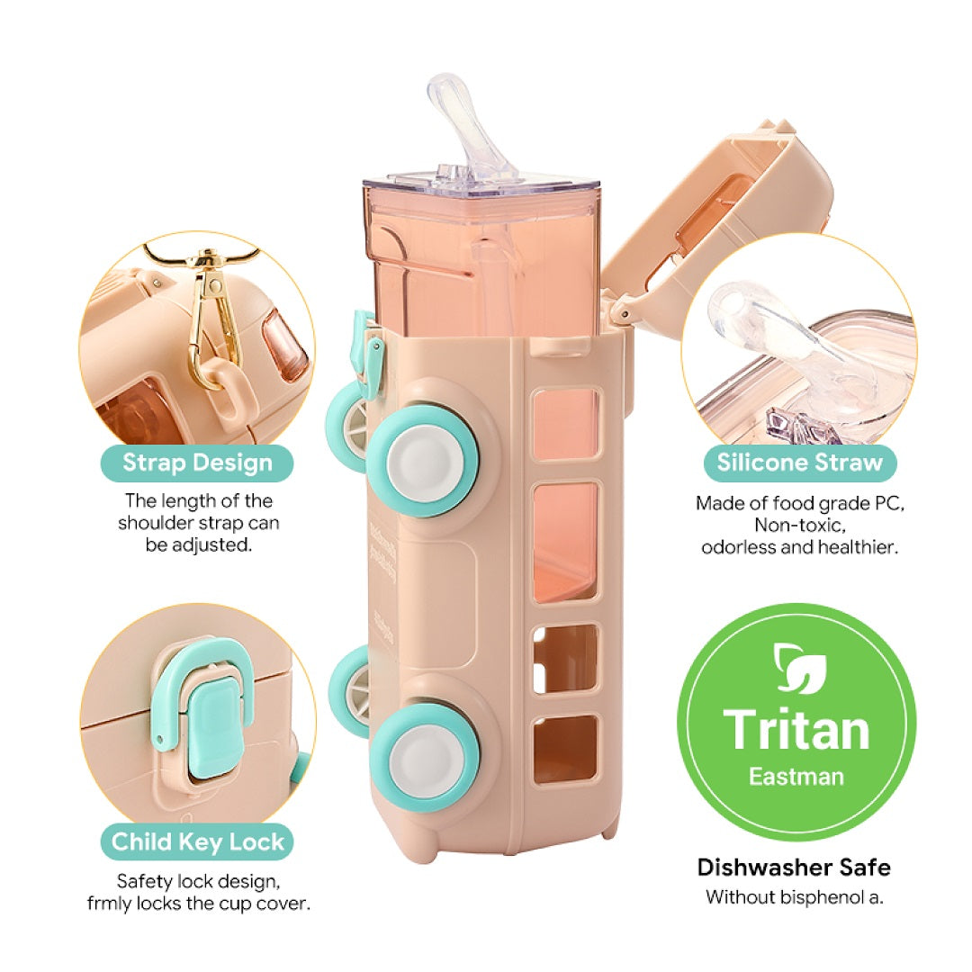Trendy Kids bus Plastic Water Bottle With Strap & Straw, 500ml Capacity, Assorted Colors