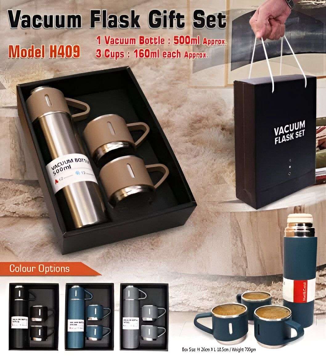 Stainless Steel Vacuum Flask Set – 500ml With 3 Cups (Gift Box )