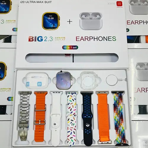 I20 Ultra Max 10-in-1 Smartwatch with 7 Straps & Airpods 2