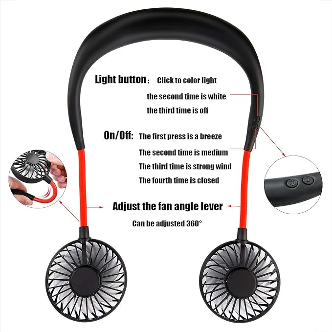 Personal Hand-Free Neck Fan Mini USB Wearable Neckband Sport Fan, 3 Speed Adjustable, 360 Degrees.