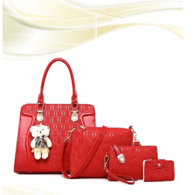 Bright Red Leather Handbag 4pcs Set